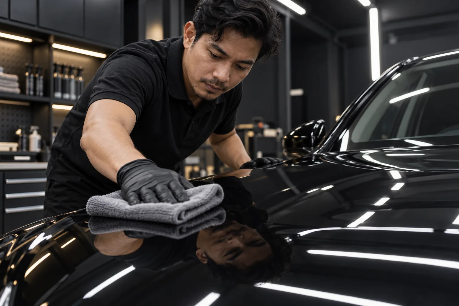 Fictional Malaysian detailer carefully wiping a black vehicle with a microfiber cloth
