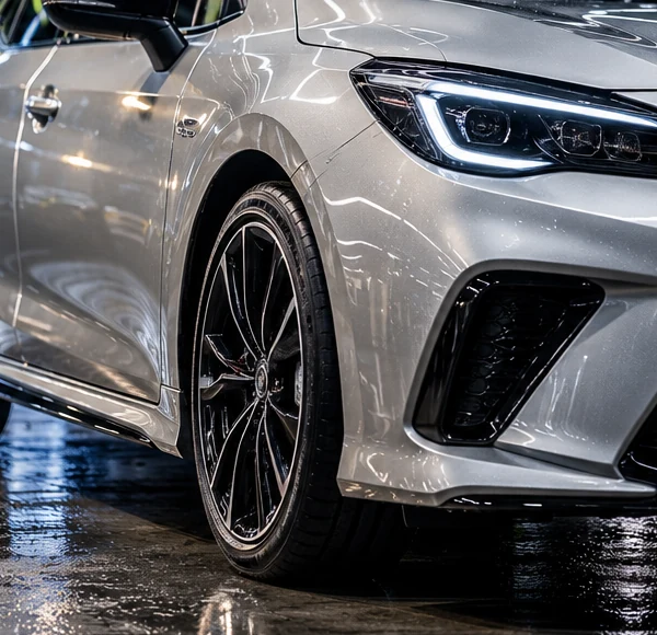 Close-up of the wheel and front bodywork of a silver hatchback