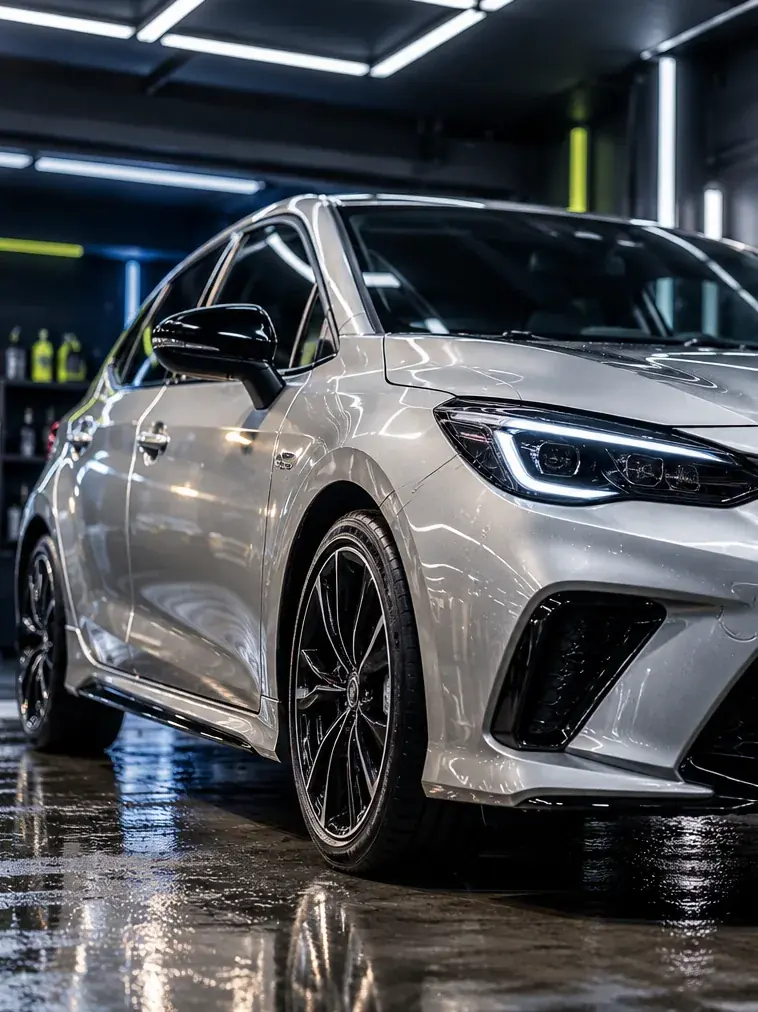 Silver hatchback with reflective paint in a dark concept studio