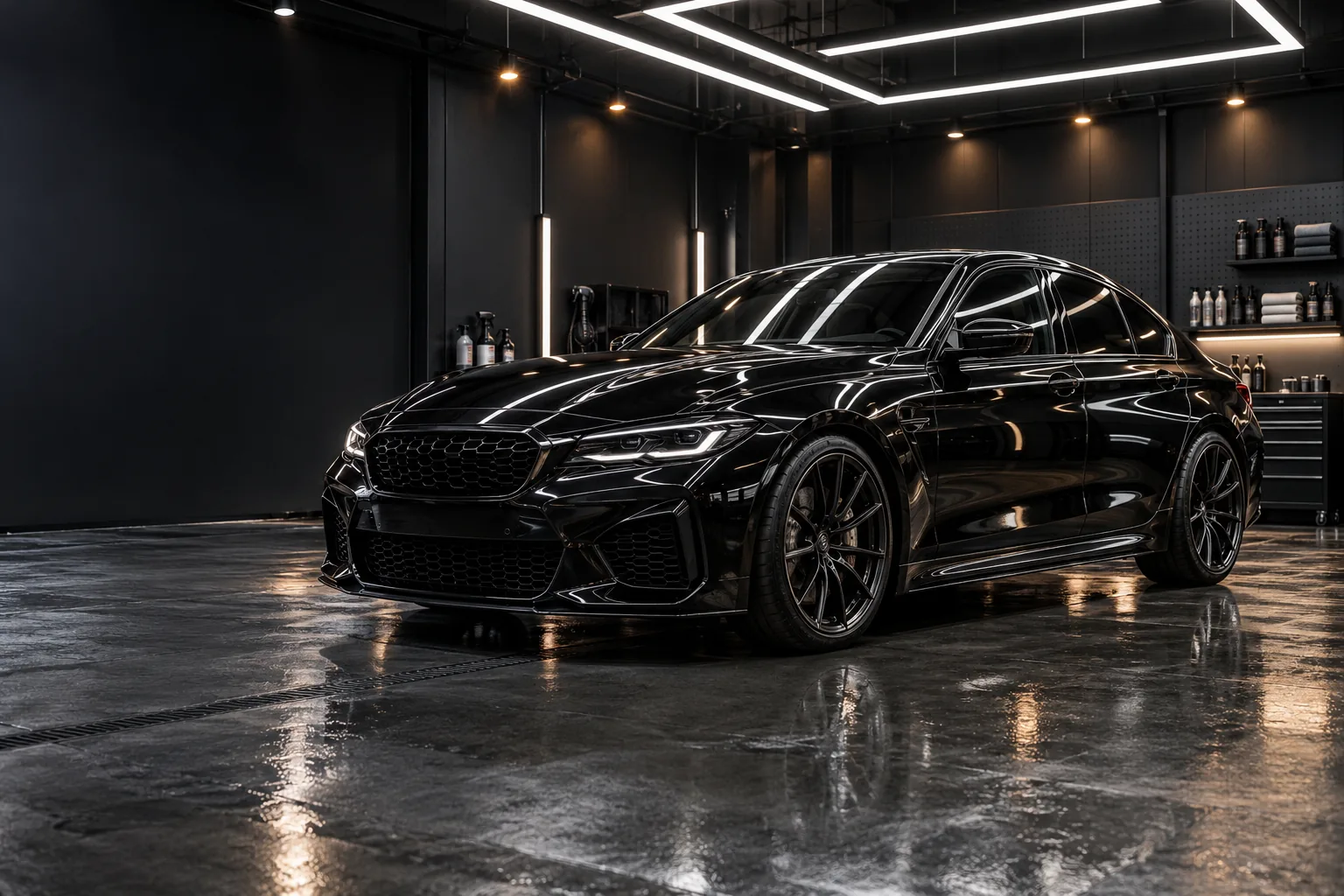 Unbranded black sedan under white geometric lights in a fictional detailing studio